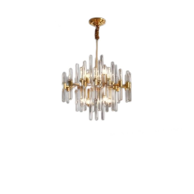Brass Chandelier With Clear Glass Rods, Modern Brass Chandelier With Shades