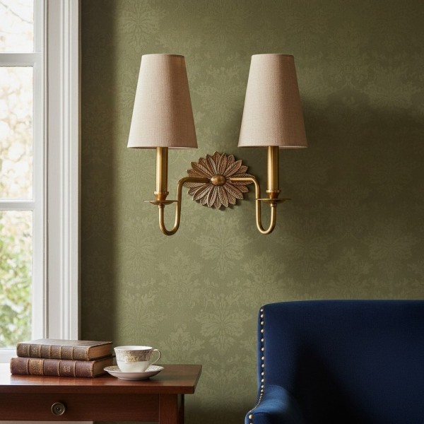 Duova Double Sconce - Antique Brass Metal and Linen Shades for Bedroom or Study K1663