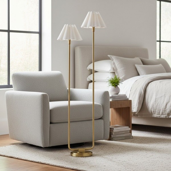 Duova Minimalist 2‑Light Floor Lamp - Modern Pleated Fabric Metal Light for Bedroom or Living Room K1666