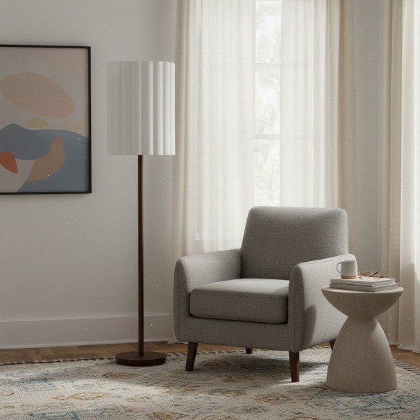 Linbron Walnut Wood Floor Lamp with Fluted Linen Shade - Modern Natural Home Decor K1683