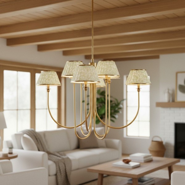 Ruchee Chandelier - Layered Fabric Shade Brass Ceiling Light for Dining or Living Spaces K1657