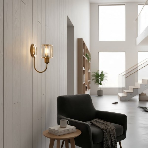 Tracian Wall Sconce - Curved Arm with Glass or Linen Shade for Bedroom K1722