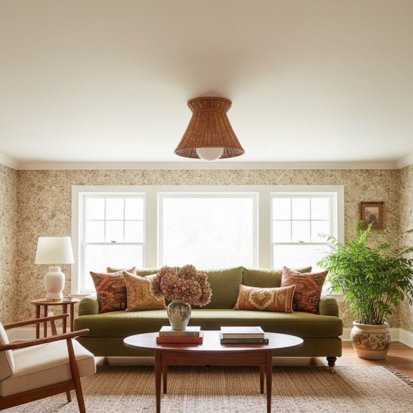 Wickara Flush Mount - Woven Organic Silhouette - Ceiling Light - Rattan Boho Style - For Living Room K1631