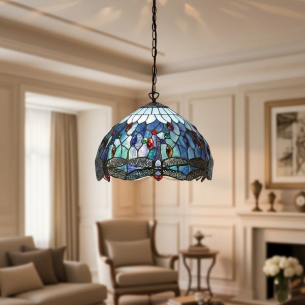 TF Dragonfly Blue Tiffany Ceiling Light - Art Nouveau Stained Glass Pendant for Living K1816