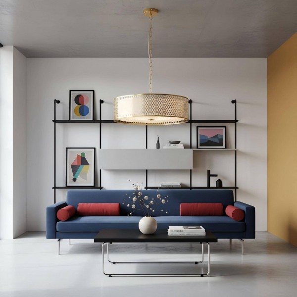 Liorin Geometric Pendant Lamp - Modern Fretwork Metal and Fabric Shade Pendant for Interiors K1873