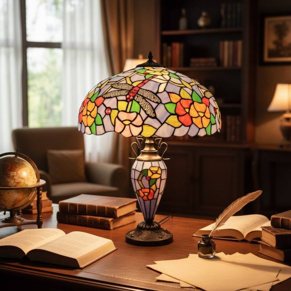TF Keswick Dragonfly Tiffany Table Lamp - Handcrafted Stained Glass Shade for Living Room or Bedroom K1906