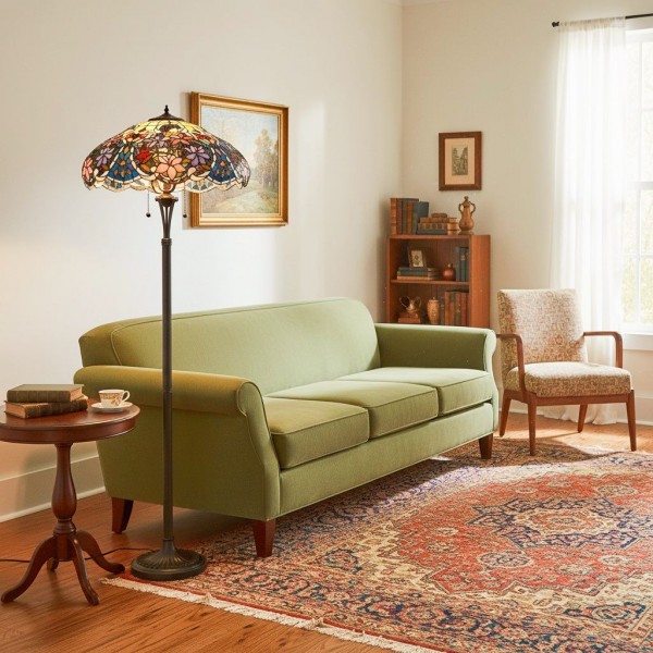 TF Sullivan Tiffany Floor Lamp - Floral Stained Glass Design for Study or Living Room K1828