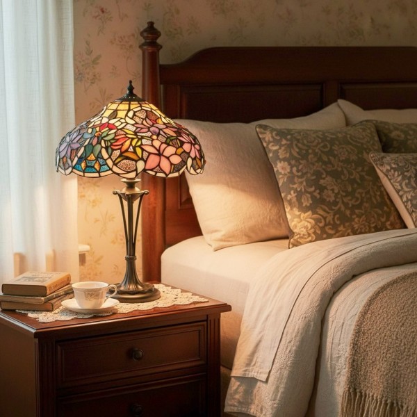 TF Sullivan Tiffany Table Lamp - Floral Stained Glass Design for Bedroom or Living Room K1880