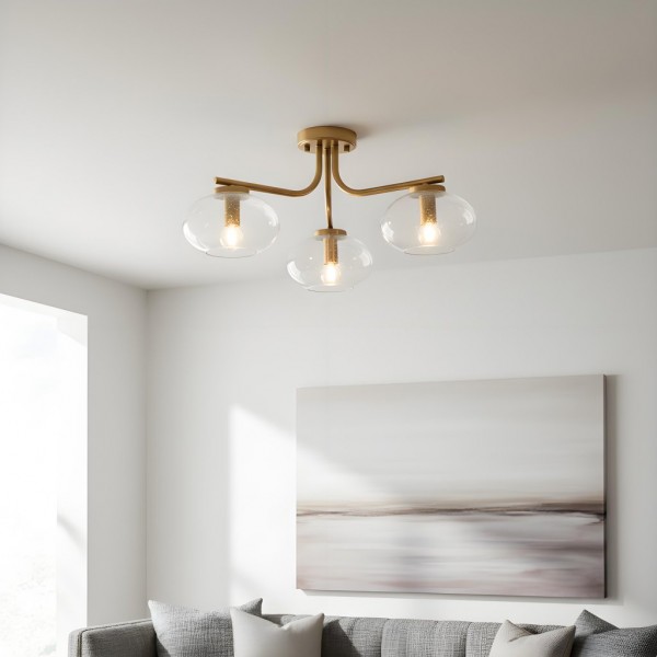 Bublaris Bubble-Glass Semi-Flush Ceiling Light - Curved Brass Arms for Living Room or Hallway K1927