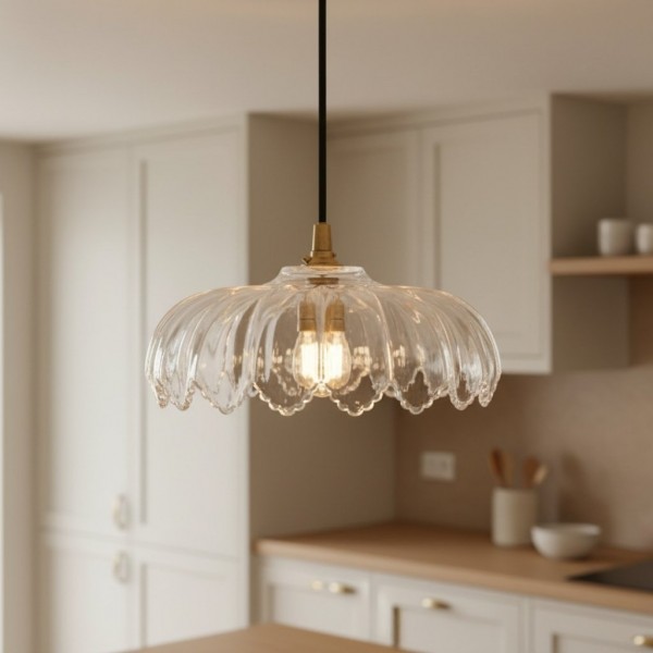 Floriaxis Floral Glass Pendant Light - Floral Glass Shade with Braided Cable for Kitchen or Dining K1928