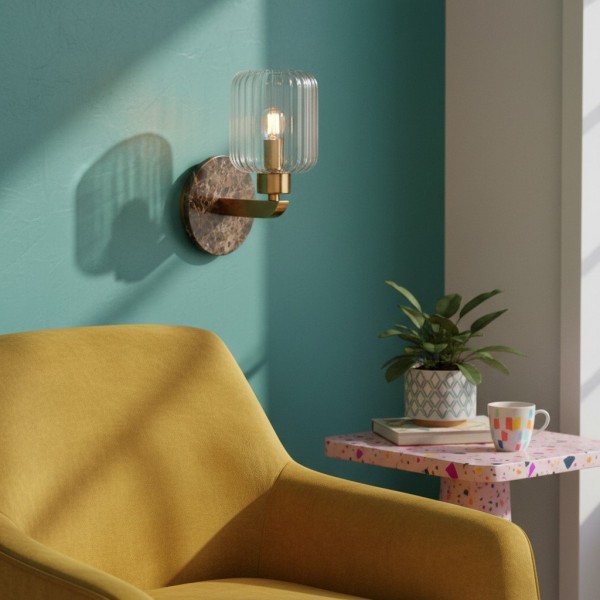 Korlisse Modern Marble Wall Light - Vintage Brass & Clear Glass Accent for Living Room and Hallway K1918