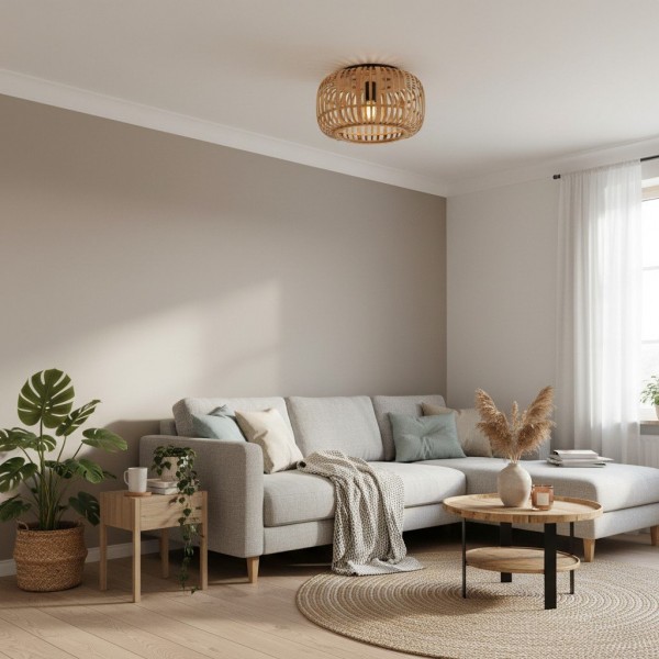 Yumeko Natural Bamboo Flush Ceiling Light - Organic Cage Design Sustainable for Living Room K1946