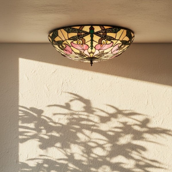 TF Ashton Tiffany Dragonfly Motif Tiffany Glass Flush Surface Mount - Transitional Style for Bedrooms and Lounge Spaces K2029