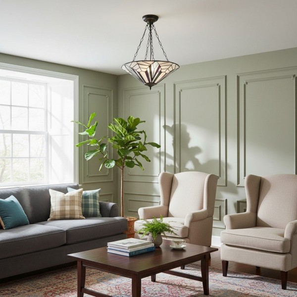 TF Astoria Decorative Stained Glass Semi Flush Light - Art Deco Ceiling Fixture for Entryways & Lounges K2003