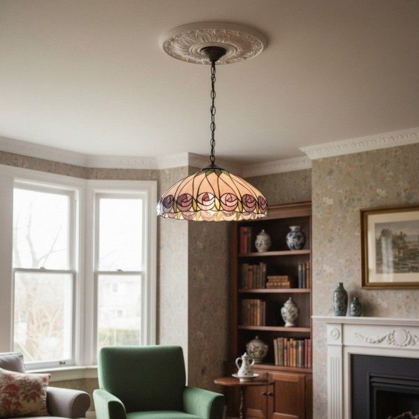 TF Hutchinson Tiffany Glass Pendant Light with Artistic Mosaic Design for Dining and Living Spaces K1924