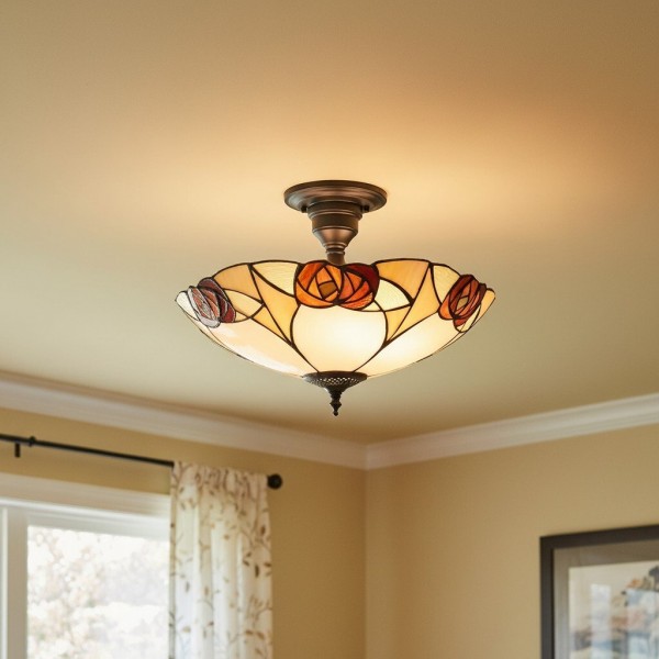 TF Ingram Handcrafted Stained Glass Ceiling Lamp - Vintage Art Deco Tiffany Light for Dining Room K1992