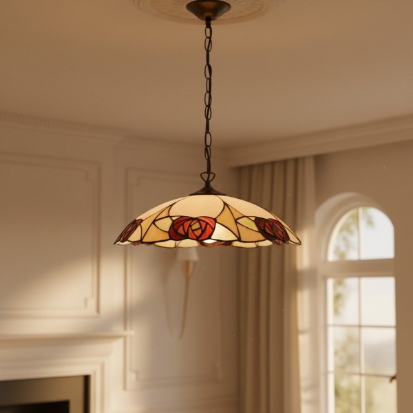 TF Ingram Tiffany Pendant Light - Vintage Handcrafted Stained Glass Floral Shade for Dining Room K2002