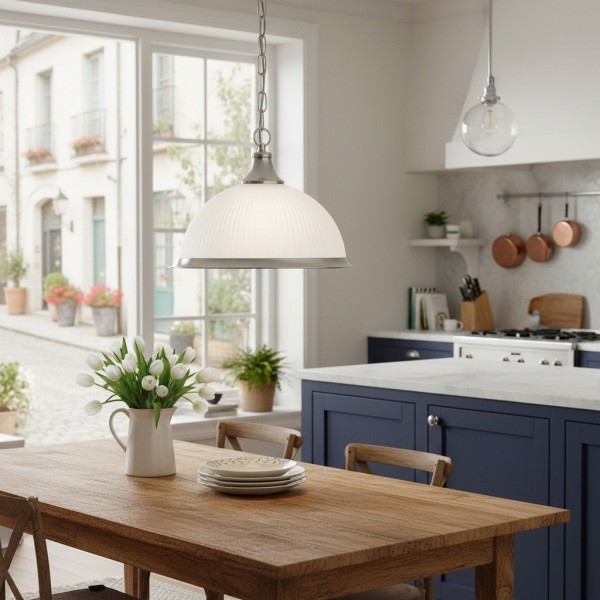 TF Vintora Ribbed Glass Pendant Light - Elegant Metal Trim for Kitchens, Dining Areas and Hallways K1994
