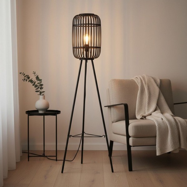 Yumeko Natural Woven Floor Lamp - Modern Scandi Bamboo Shade Standing Lamp for Bedrooms or Living Rooms K1940