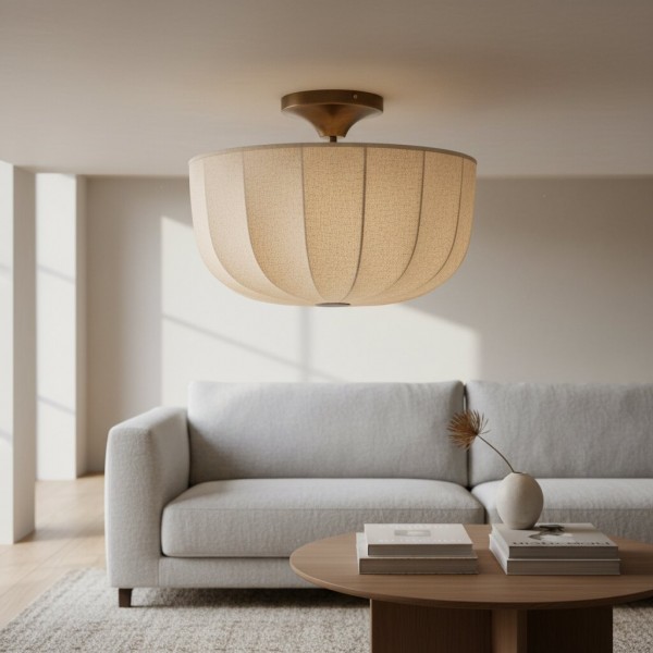 Loomis Flush Ceiling Lamp - Textured Linen Shade & Aged Brass Modern Ceiling Light for Living Rooms K2057