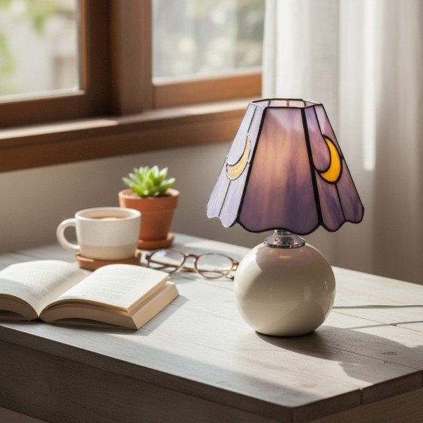 Stellum Mushroom Moon Stained Glass Table Lamp Artistic Accent Light Ceramic Base for Living Spaces K2129