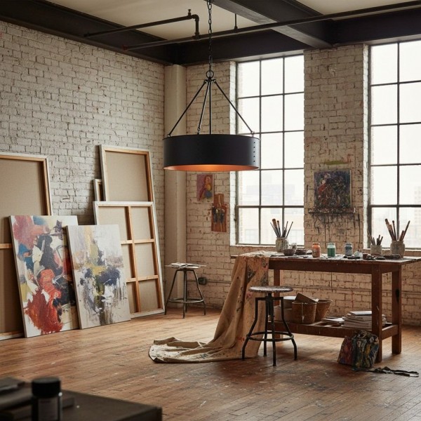 Dravik Contemporary Industrial Drum Pendant - Black Metal Pendant for Living or Dining Room K2245