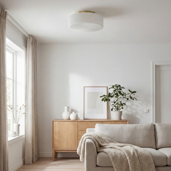 Lunorib Contemporary Opaline Glass Ceiling Fixture - Textured Ribbed Metal Lighting for Living Areas K2223