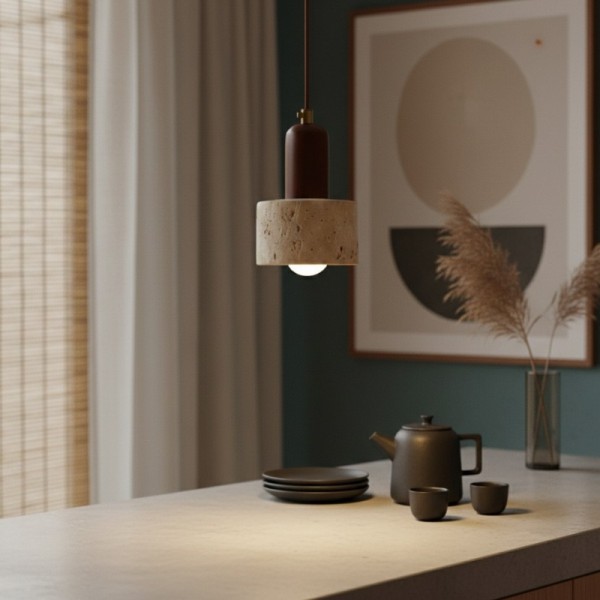 WabiLum Minimalist Japanese Travertine Wood Pendant Light - Elegant Home Lighting for Bedroom K2258