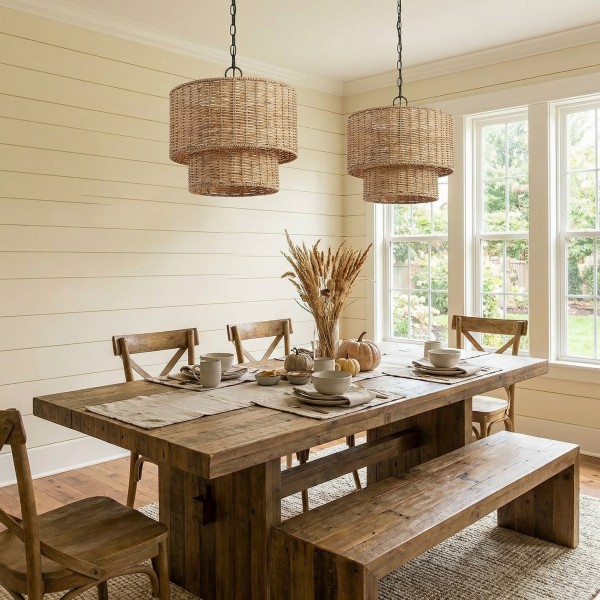 Rattanvo Dual Drum Rattan Pendant - Organic Texture for Dining Areas and Lobbies K2236