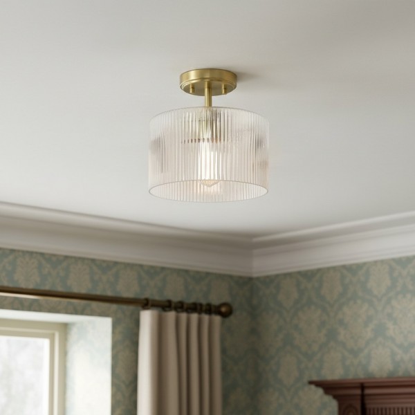 Rivora Ribbed Glass Semi Flush Ceiling - Modern Farmhouse Ceiling Light for Bedroom and Hallway K2237