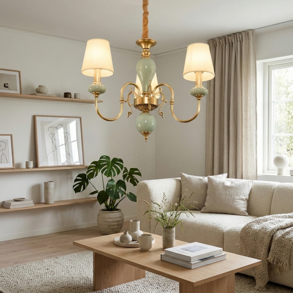 Altoris Series Branch Chandelier with Fabric Shades - Brass Ceramic Chandelier for Living Room K2308