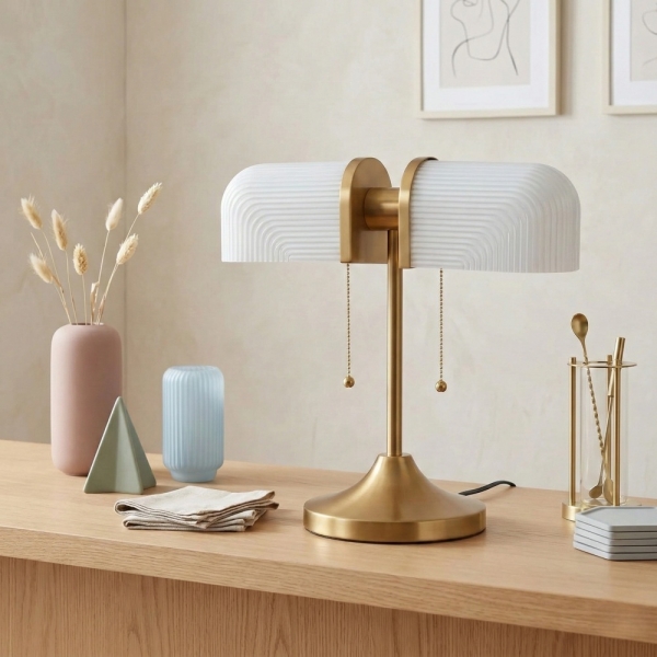 Aurebron Fluted Glass Table Lamp - Modern Decorative Metal Base Table Lamp for Living Room K2316
