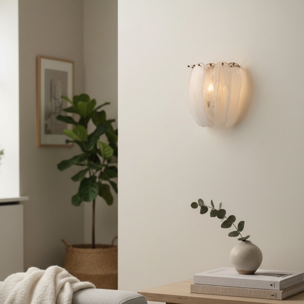 Velora Alabaste Tones Curved Glass Wall Lamp - Sculptural Elegant Metal Detail for Bedroom or Entryway