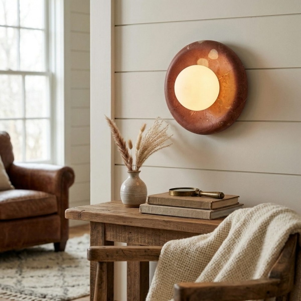 Oria Travertine Stone Wall Sconce - Minimalist Sculptural Wall Lamp for Living Room Bedroom