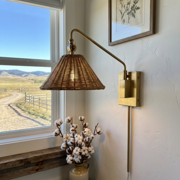 Welanery Swing Arm Rattan Wall Sconce - Farmhouse Style Lamp for Bedside Reading K2384