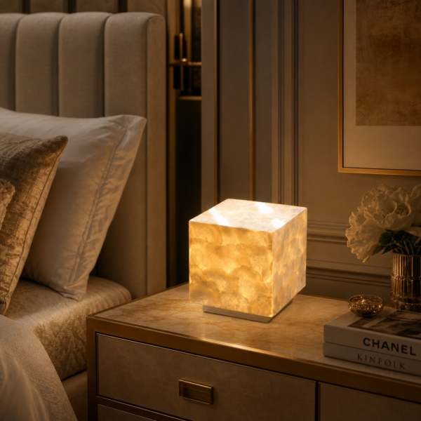 Beamira Mica and Shell Table Lamp - Modern Square Shade Accent Light for Bedroom A4
