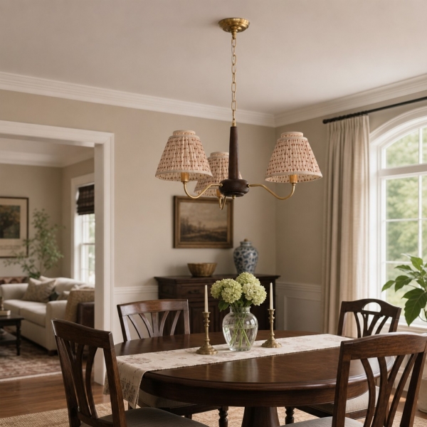 Solmire Rustic Chandelier - Wooden Mental Frame with Fabric Shades for Living Room A16