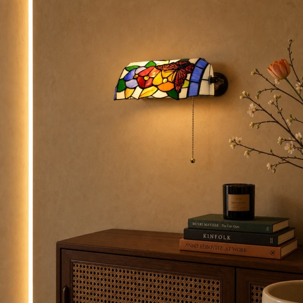 TF Tivanny Floral Stained Glass Wall Light - Tiffany Inspired Wall Sconce for Bedroom A24