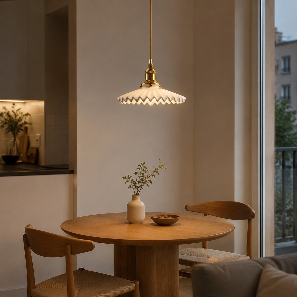 Lámpara colgante de cerámica blanca plisada sobre una mesa de comedor compacta.