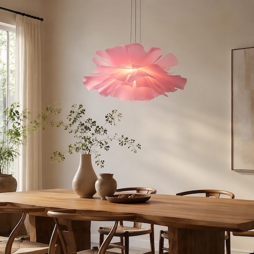pink-flower-pendant-light-wood-dining-table