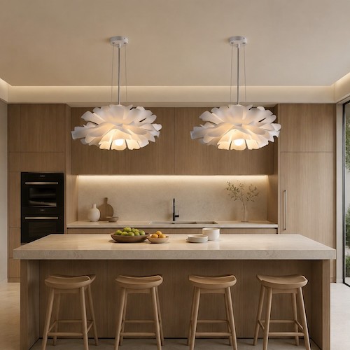 multiple-white-flower-pendant-lights-kitchen-island