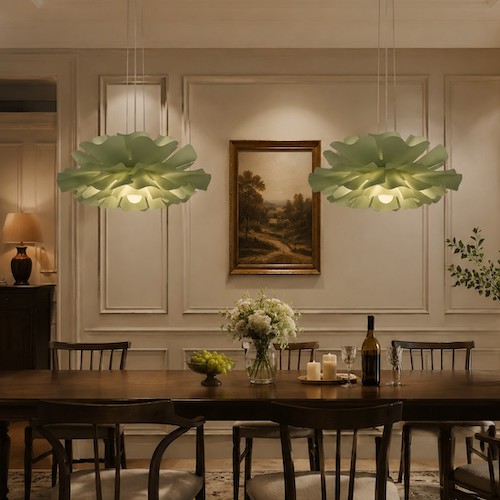 two-green-flower-pendants-over-long-table