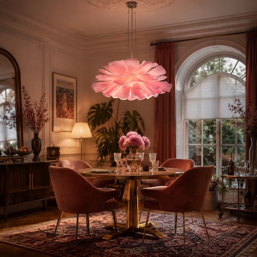 pink-flower-pendant-eclectic-dining-room