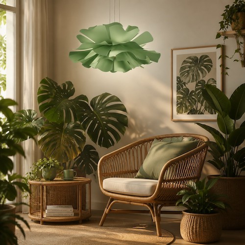 suspension lumineuse florale verte avec plantes d'intérieur