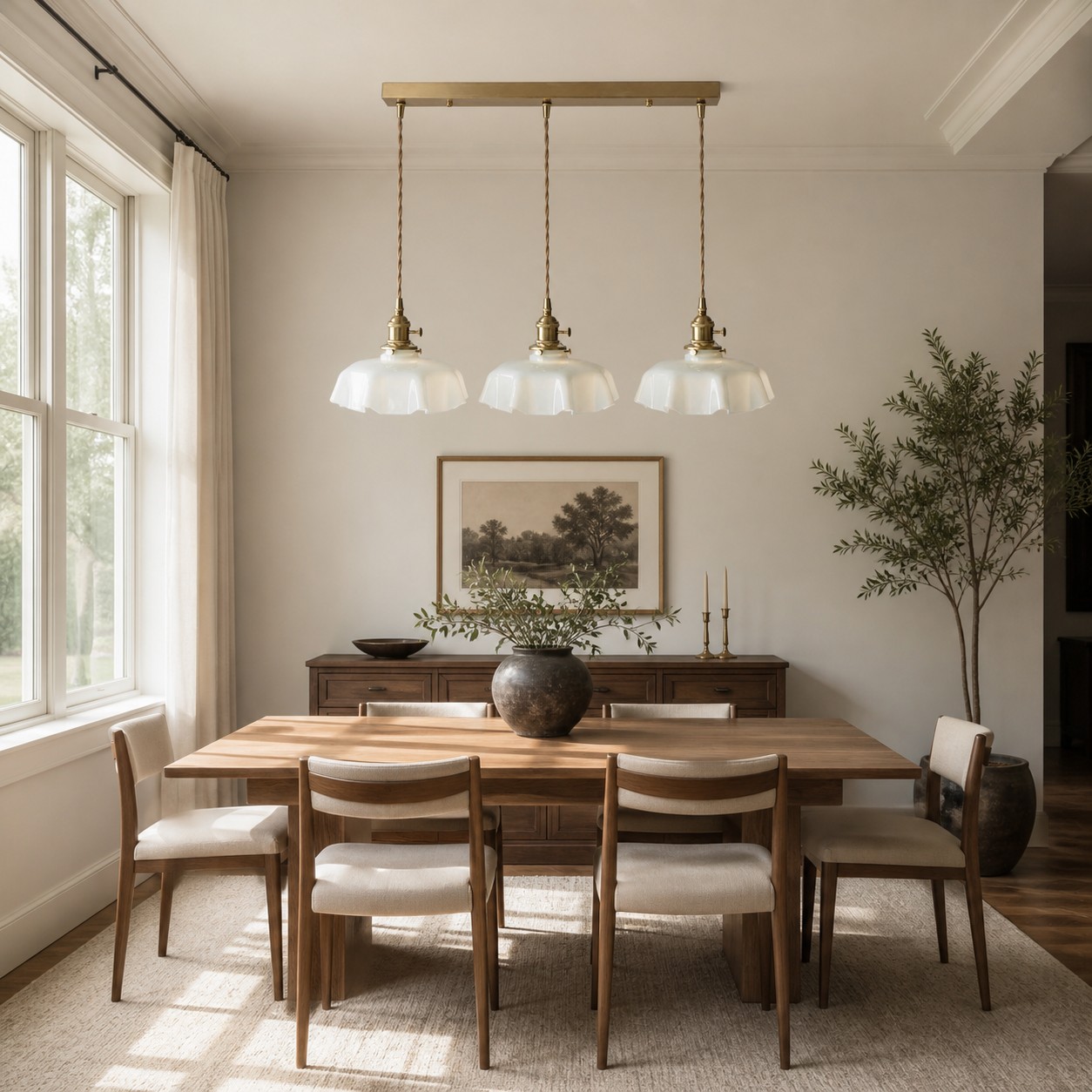Lámpara colgante de tres luces sobre una mesa de comedor.