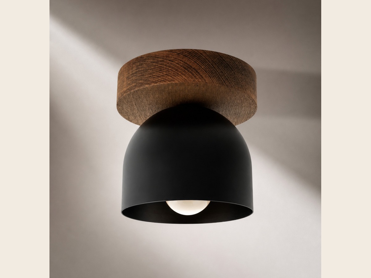 Oak ceiling light with black dome