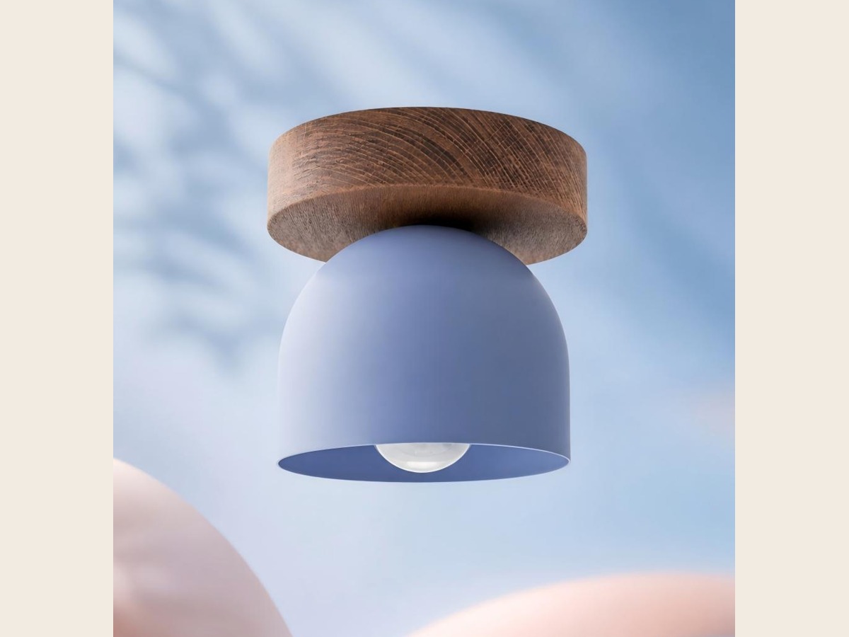 Oak ceiling light with pale blue dome