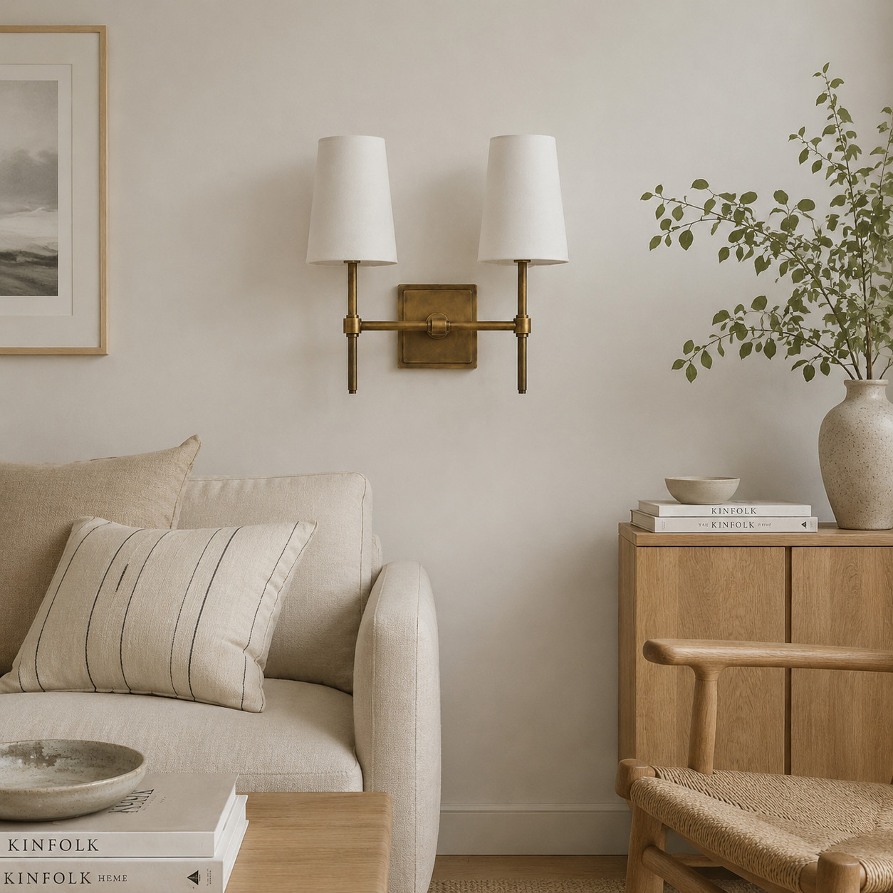 Aplique de pared Rowan con pantalla de lino en una sala de estar decorada con estilo.