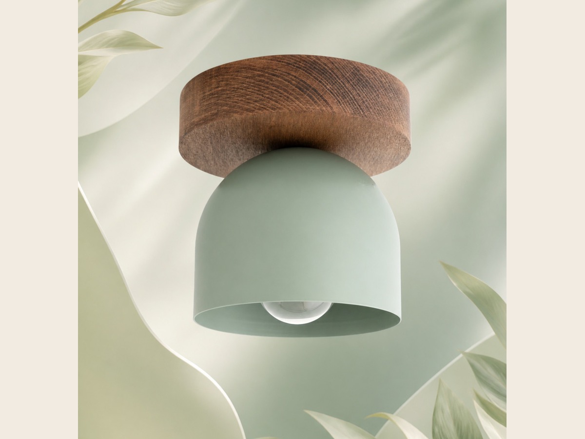 Oak ceiling light with green dome