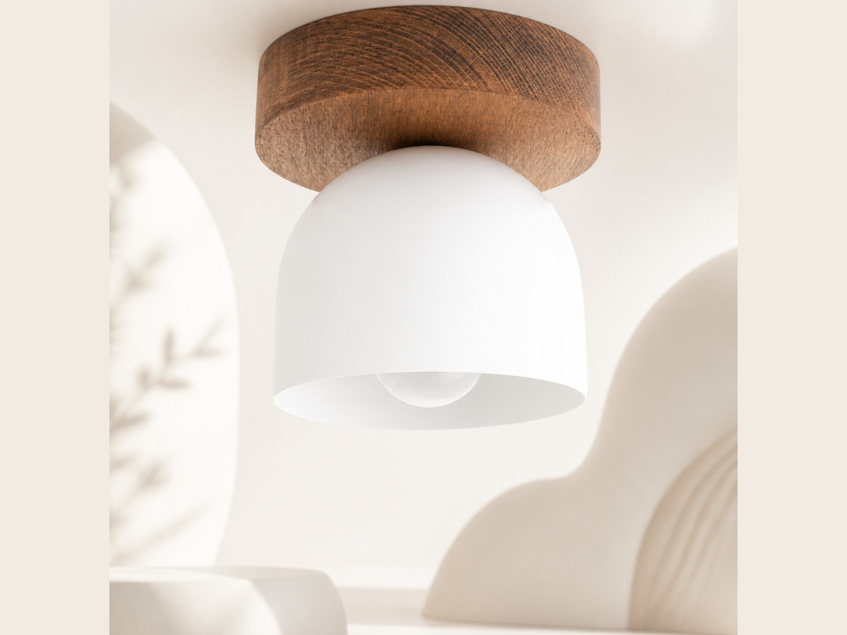 Oak ceiling light with cream white dome